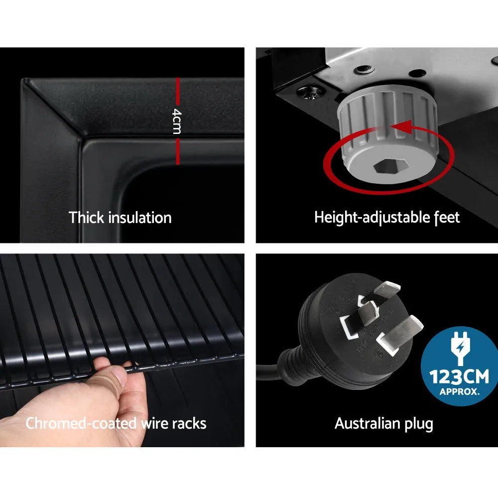 Product features including thick insulation, height-adjustable feet, chromed-coated wire racks, and Australian plug.