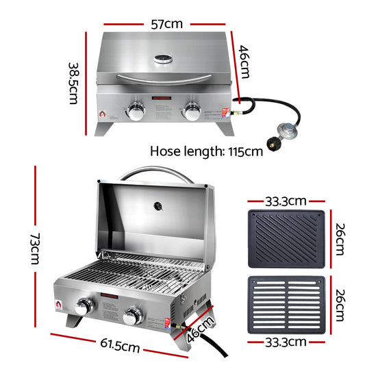 Grillz Portable Gas BBQ Grill 2 Burners with 2 Plates
