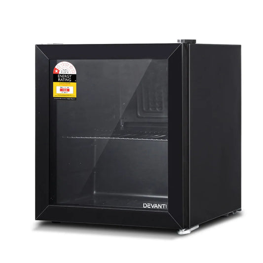 Black Devanti mini fridge with energy rating label on a white background