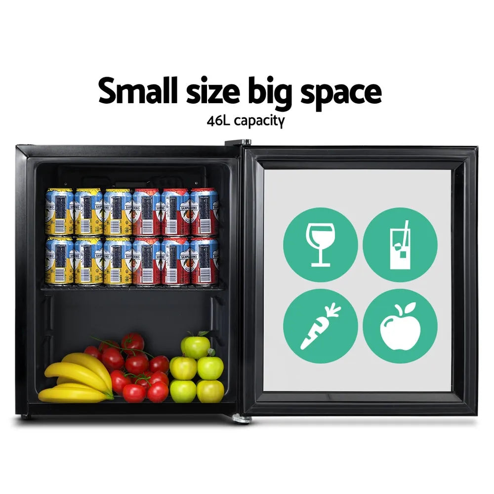 Mini refrigerator with open door showing drinks and fruits, with text 'Small size big space' and '46L capacity'.