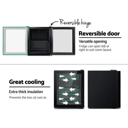 Reversible door and hinge design of a refrigerator with text explaining features.