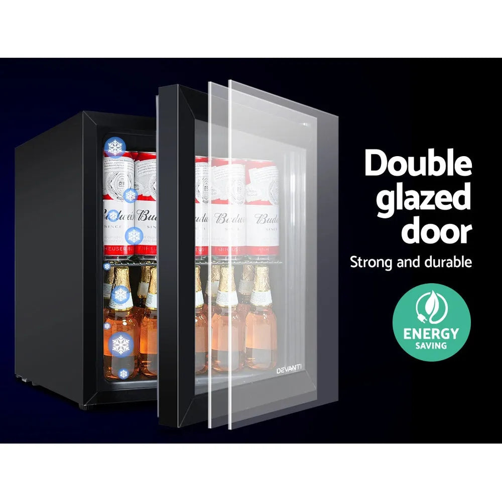 Black refrigerator with double-glazed door displaying bottles, labeled 'Double glazed door' and 'Strong and durable'.