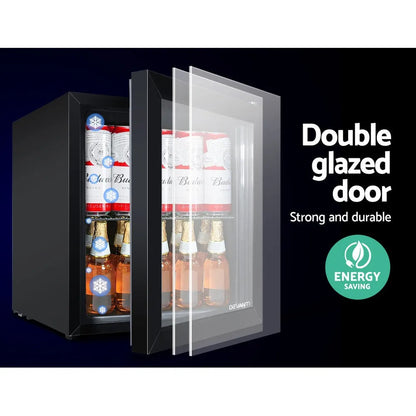 Black refrigerator with double-glazed door displaying bottles, labeled 'Double glazed door' and 'Strong and durable'.