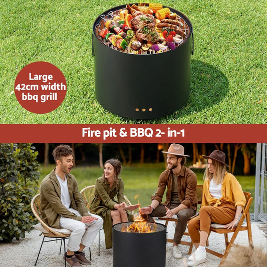 Black fire pit and BBQ grill with food on a grassy background, surrounded by people enjoying a fire.