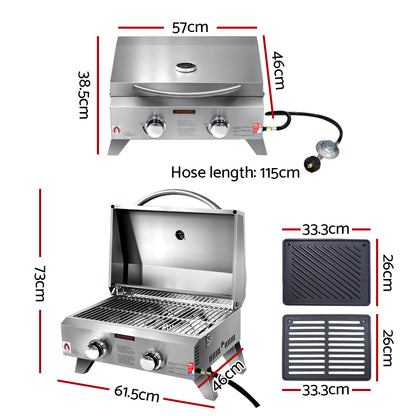 Grillz Portable Gas BBQ Grill 2 Burners with 2 Plates