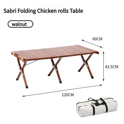 Portable Solid Wood Folding Camping Table - Sapele Roll-Up Picnic and BBQ Dining Table 120*60*43.5cm