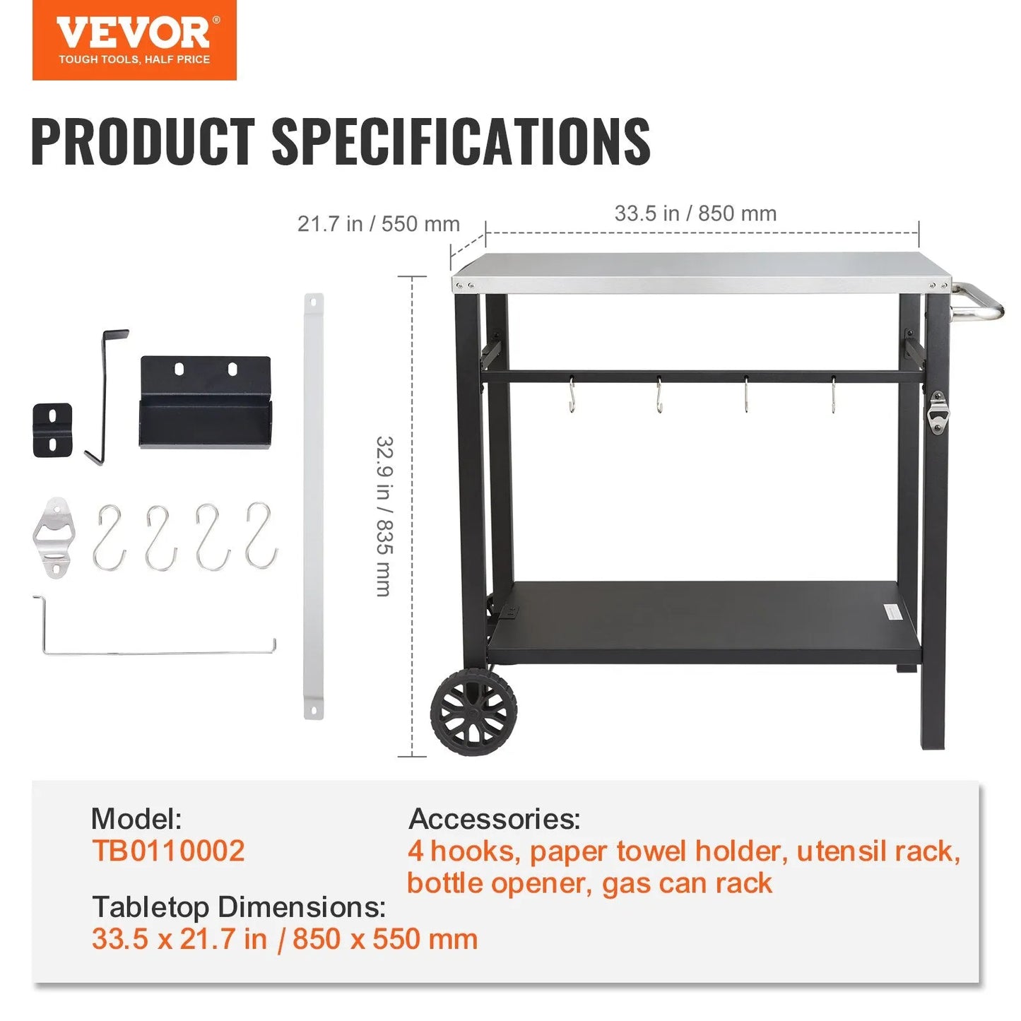 VEVOR Portable BBQ Worktable with Wheels- Stainless Steel