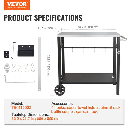 VEVOR Portable BBQ Worktable with Wheels- Stainless Steel