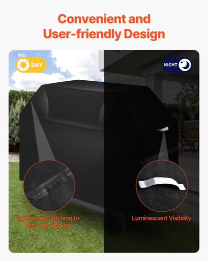 Black outdoor cover with daylight and night-time features, highlighting reinforced stitching and luminescent visibility.